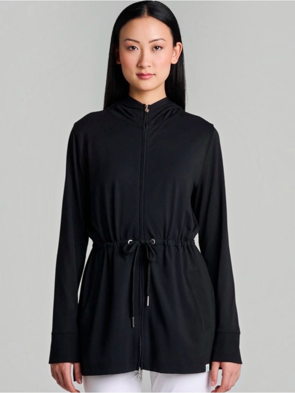 COOLIBAR Women’s Waterfront Black Hoodie Adjustable Waist Tunic Full Zip Sz S